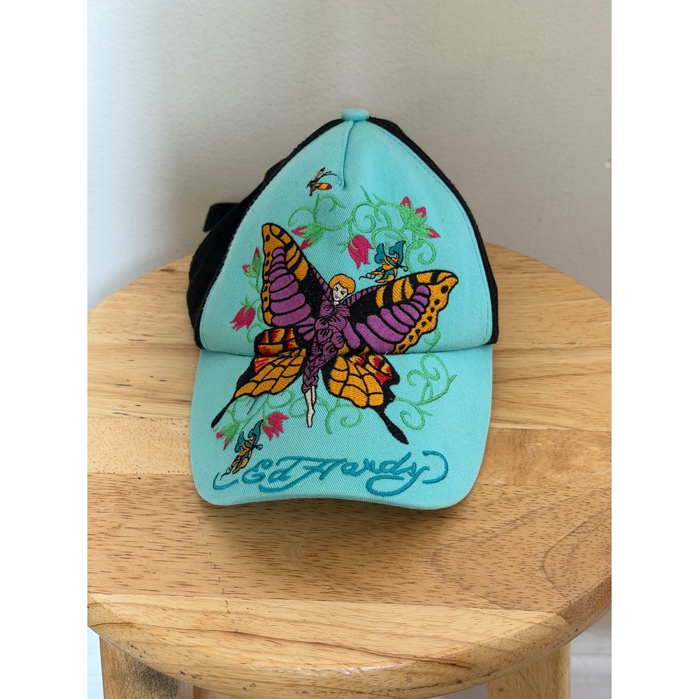 Ed Hardy Butterfly Fairy Embroidered Hat Turquoise Black Y2K Baseball Cap Mens